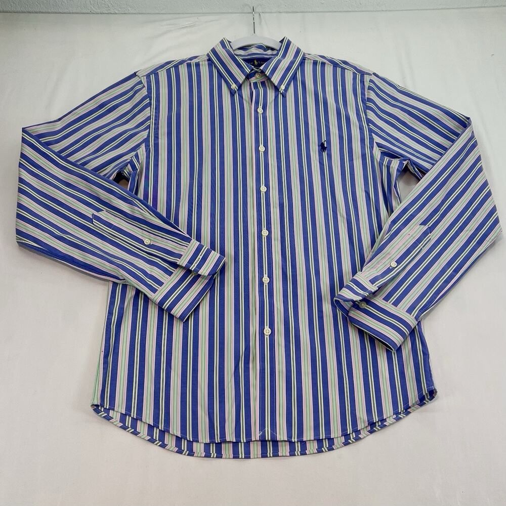 Polo Ralph Lauren Slim Fit Performance Shirt Men M Striped Blue Pink RL Untucked